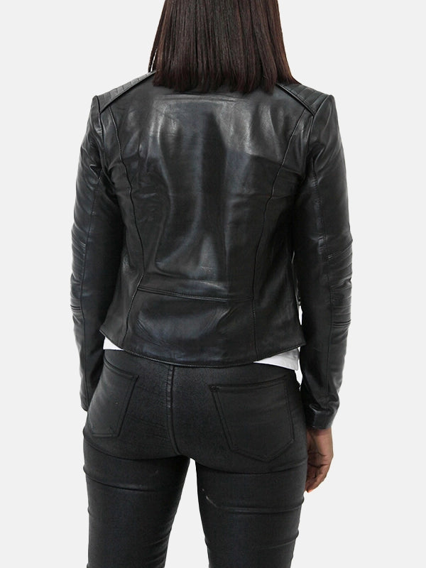 Snap Tab Collar Black Leather Jacket For Womens