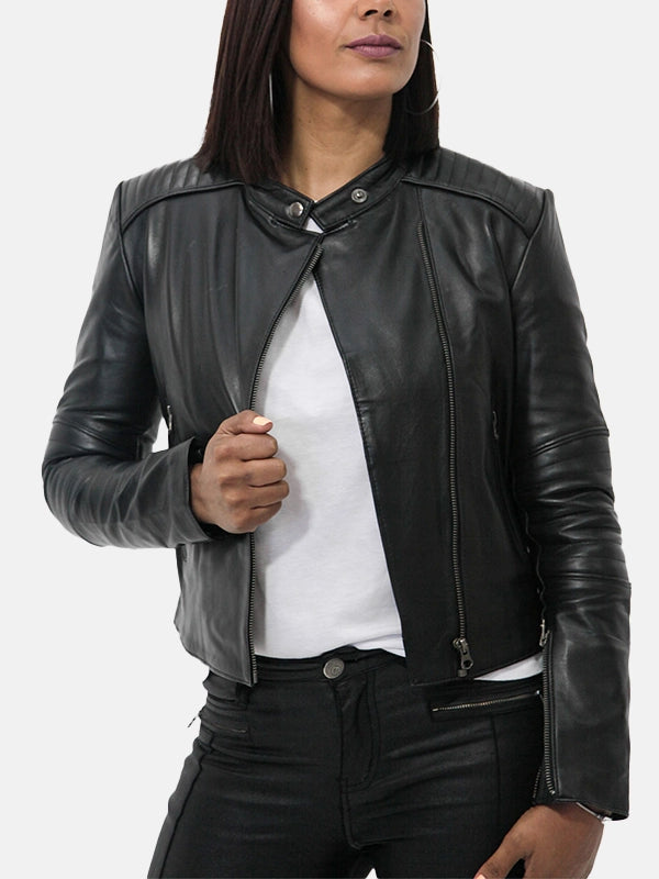 Snap Tab Collar Black Leather Jacket Women's