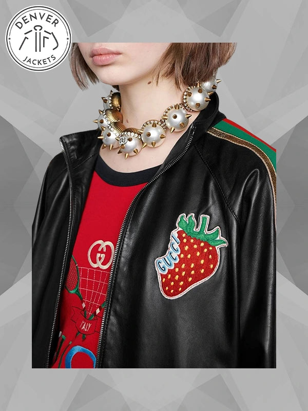 Strawberry Patch Gucci Leather Track Jacket Black