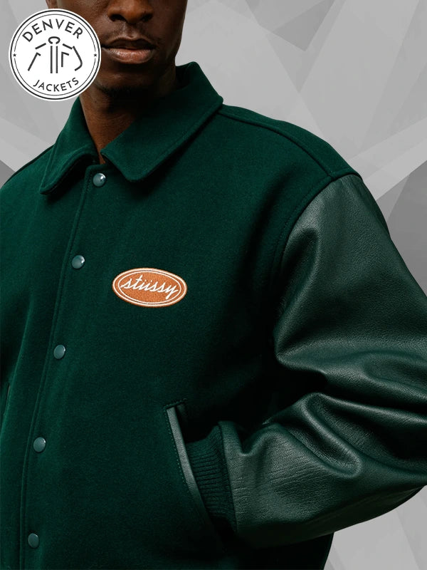 Stussy Script Oval Green Varsity Jacket Unisex