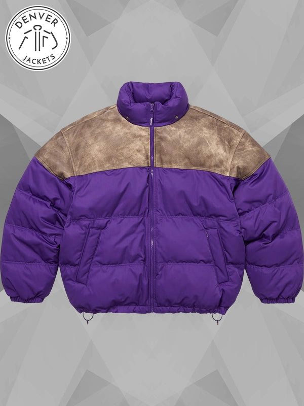 Supreme Leather Yoke Purple Puffer Jacket