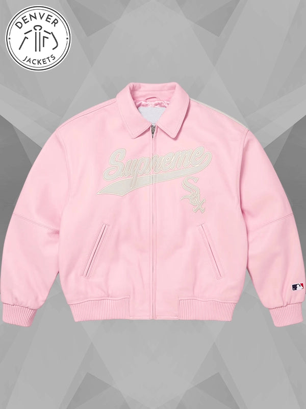 Supreme x Chicago White Sox Leather Varsity Jacket Pink