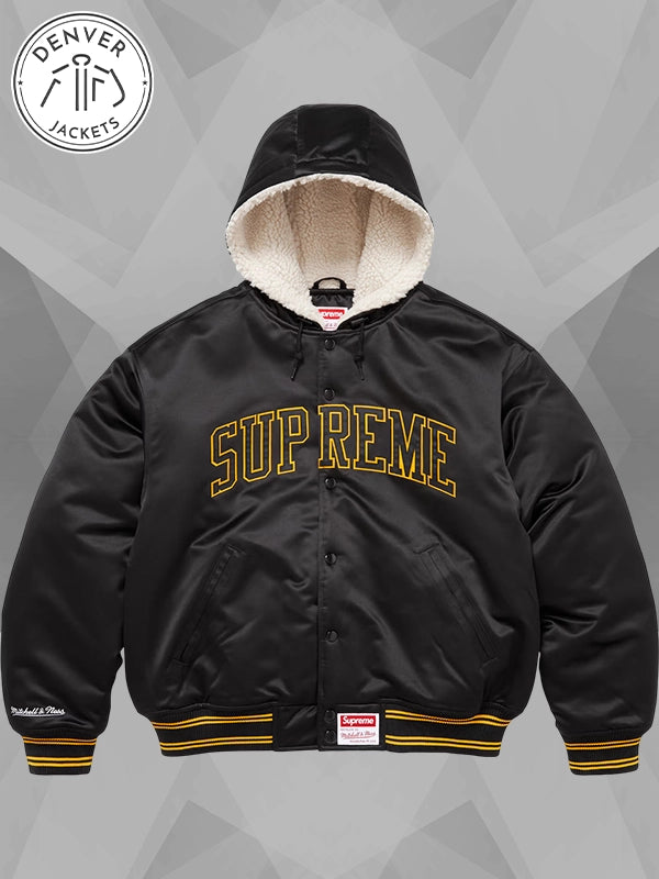 Supreme x Mitchell Ness Lined Hooded Satin Varsity Jacket Black