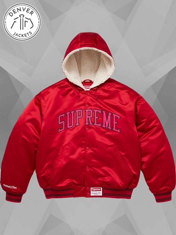 Supreme x Mitchell Ness Lined Hooded Satin Varsity Jacket Red