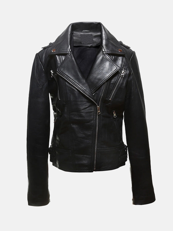 Womens Asymmetrical Black Leather Biker Jacket Back