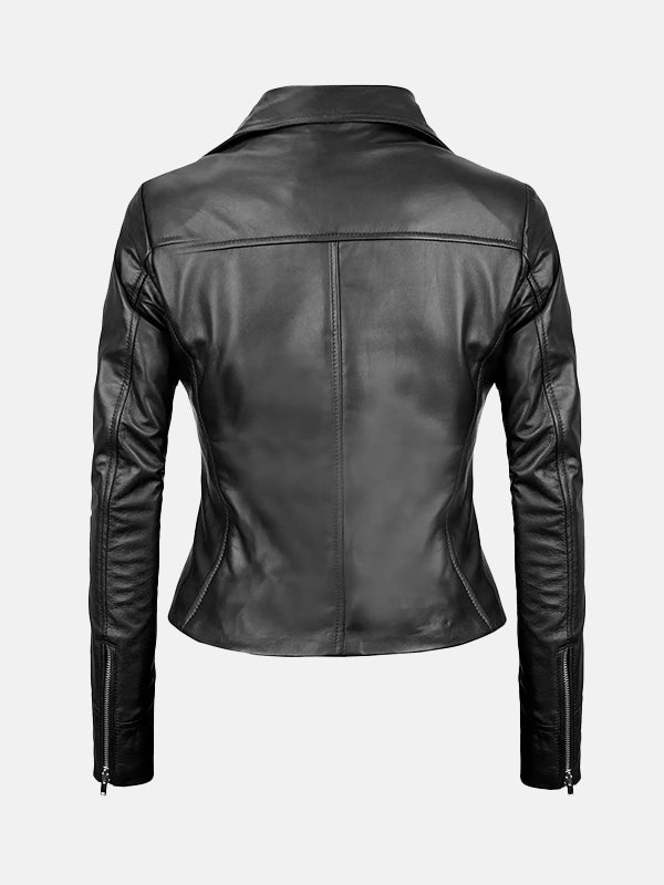 Women's Asymmetrical Black Leather Biker Jacket Back