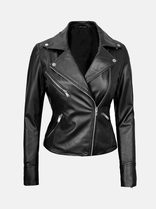 Women's Asymmetrical Black Leather Biker Jacket Front