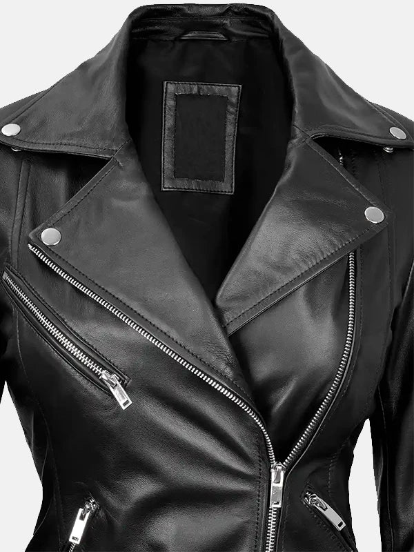 Women's Asymmetrical Black Leather Biker Jacket Front Close Up