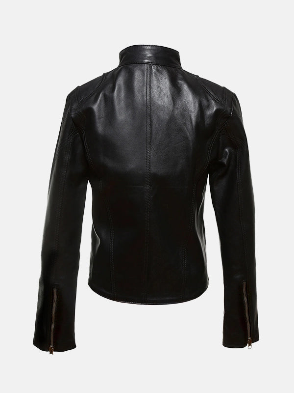 Women's Belted Collar Black Leather Jacket Back