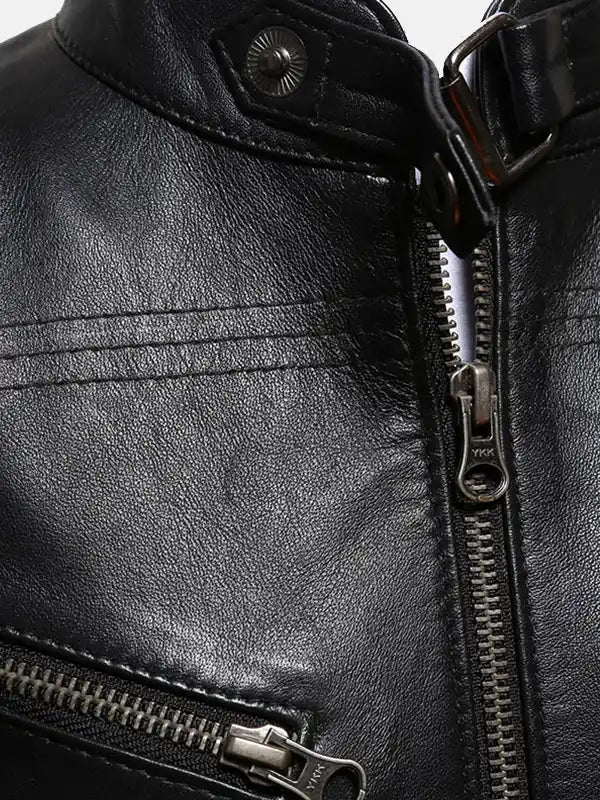 Women's Belted Collar Black Leather Jacket Front Close Up