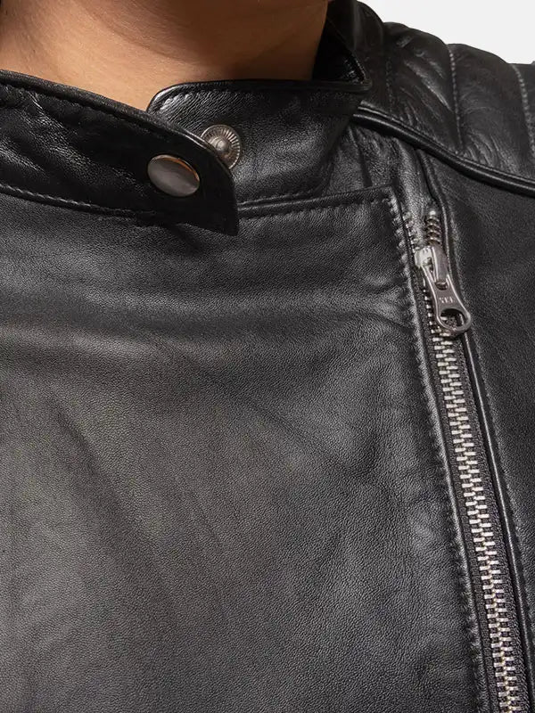 Women's Snap Tab Collar Black Leather Jacket Front Close Up