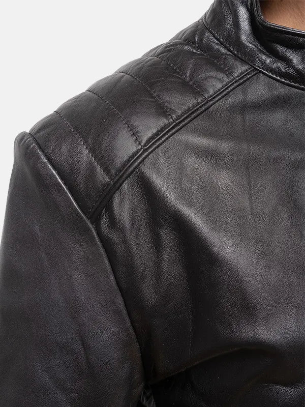 Women's Snap Tab Collar Black Leather Jacket Shoulder Close Up