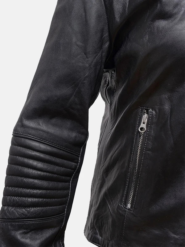 Womens Snap Tab Collar Black Leather Jacket Sleeves Close up