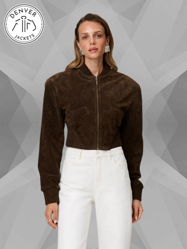 Womens Adoore Cropped Suede Bomber Jacket Brown
