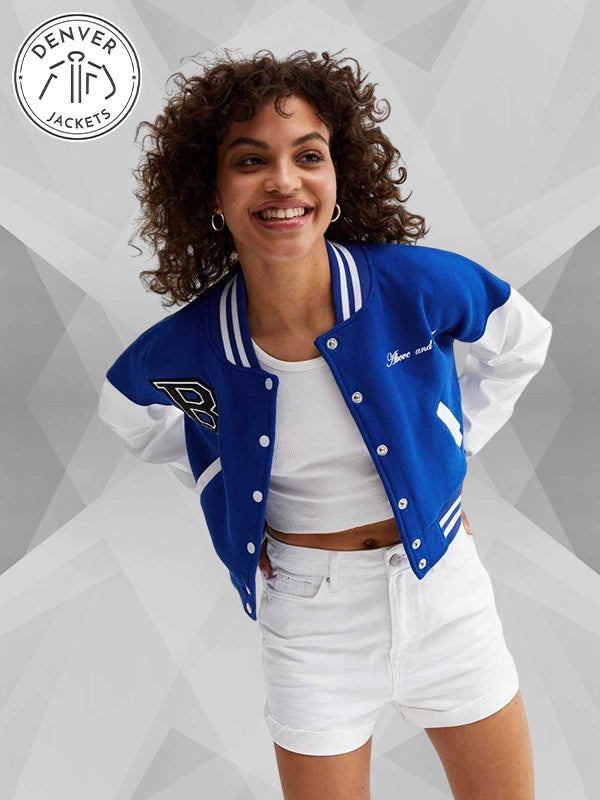 Above and Beyond Womens Blue And White Crop Varsity Bomber Jacket