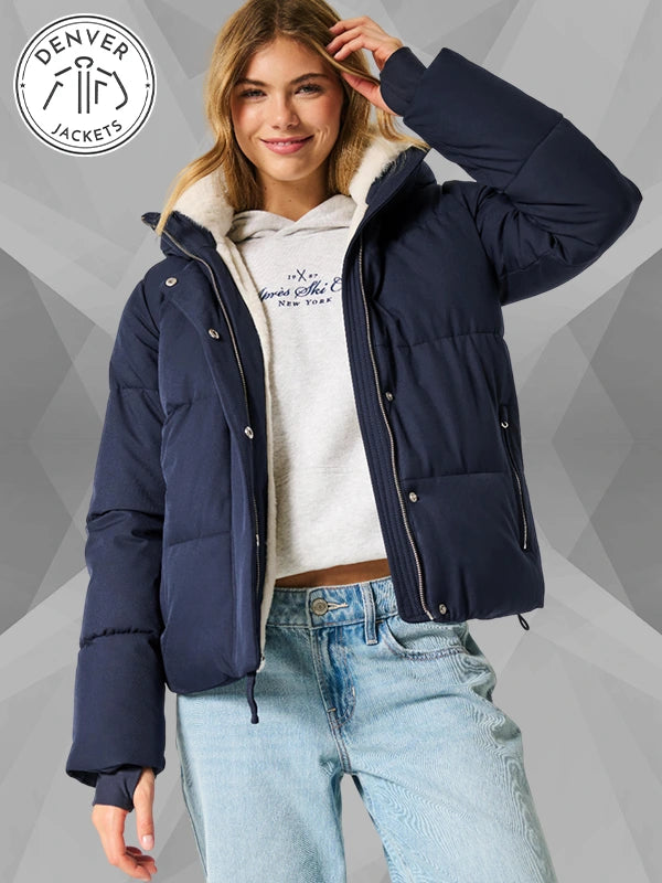 Blue Faux Fur-Lined All-Weather Puffer Jacket Hollister