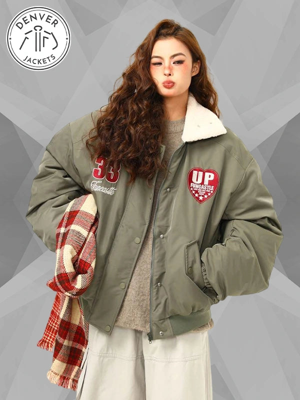 Boa Lapel Casual Padded Women s Oversized Bomber Jacket