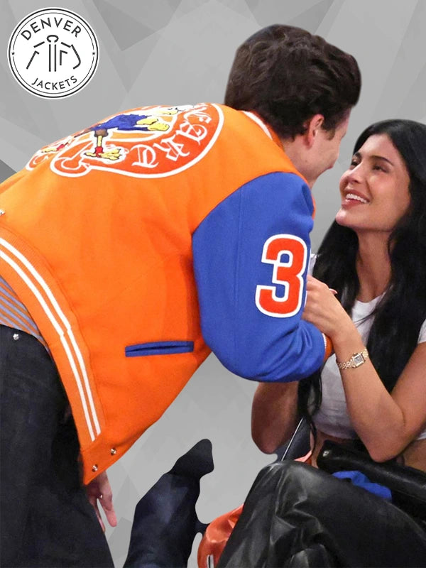 Knicks vs Pacers Game Chalamet Chrome Hearts Varsity Jacket Orange Blue