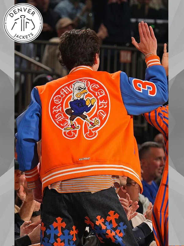Knicks vs Pacers Game Chalamet Custom Chrome Hearts Orange and Blue Varsity Jacket