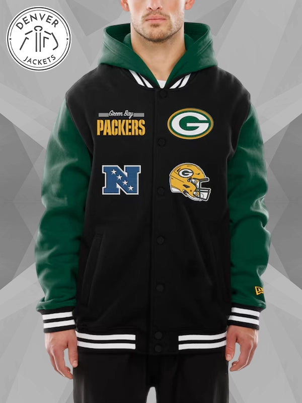 Men's Green Bay Packers New Era Black Full-Snap Fleece Hoodie Jacket