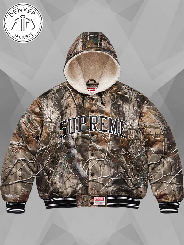 Supreme x Mitchell Ness Lined Hooded Satin Varsity Jacket Real Tree Camo