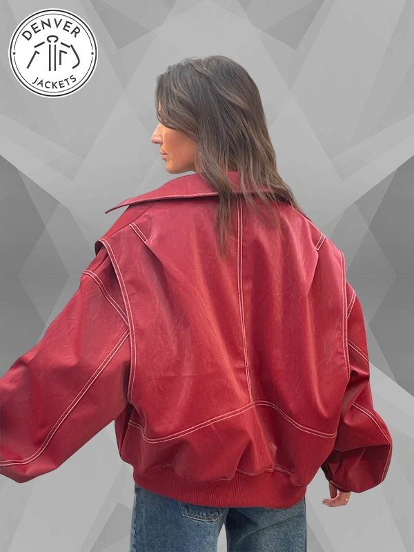 The Room Antwerp Oversized Contrast Stitch Leather Jacket Red