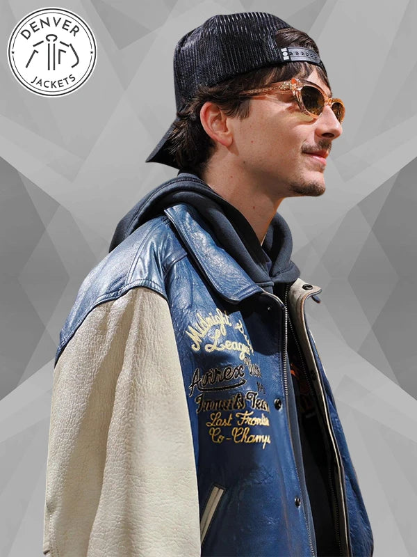 Timothee Chalamet 1953 Vintage Avirex Midnight Sun League Leather Varsity Jacket Blue/White
