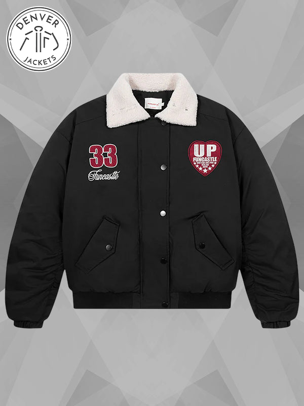 Women's Boa Lapel Casual Padded Fun Castle Black Oversized Jacket MW9716