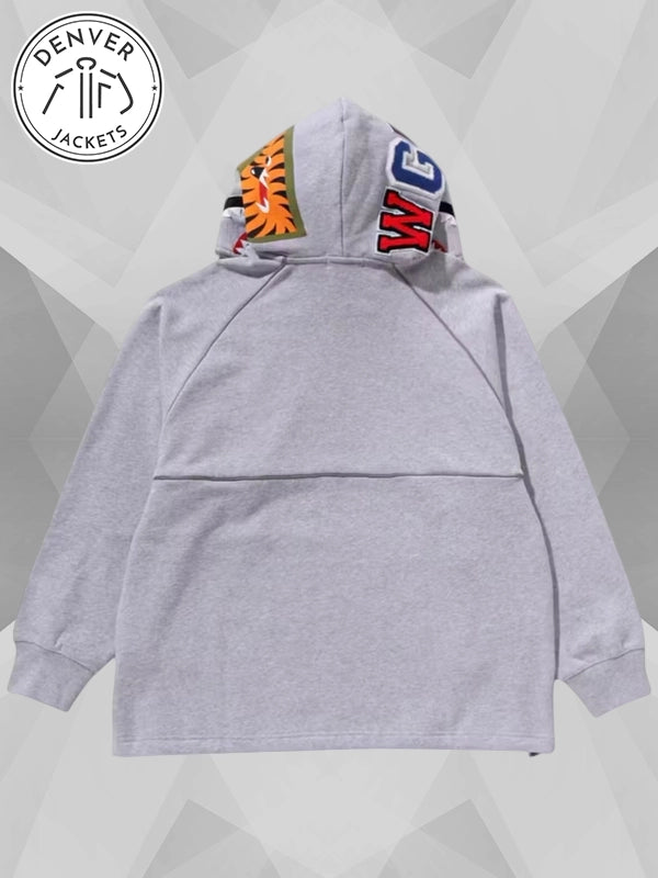 BAPE Shark Logo Half Zip Relaxed Fit Grey Pullover Hoodie