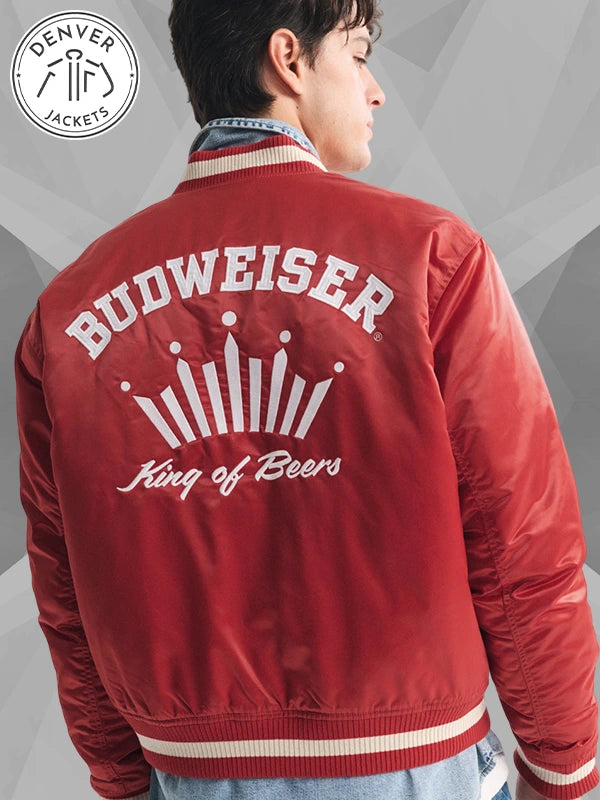 Budweiser Red Satin Varsity Bomber Jacket Abercrombie