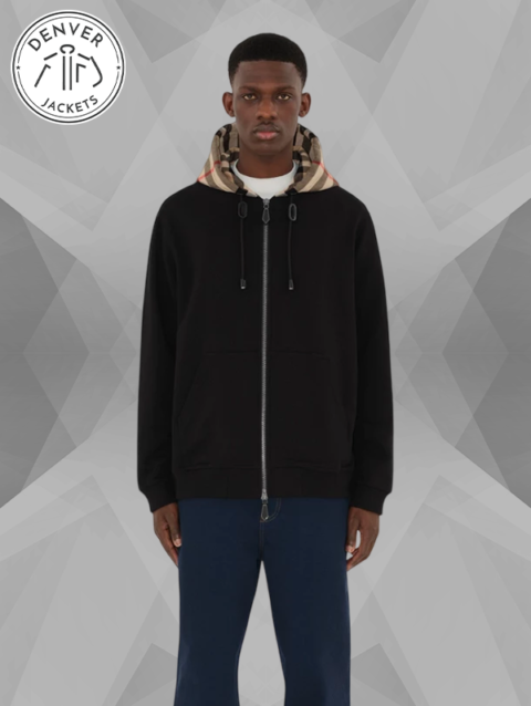Burberry Check Hood Cotton Zip Hoodie Black