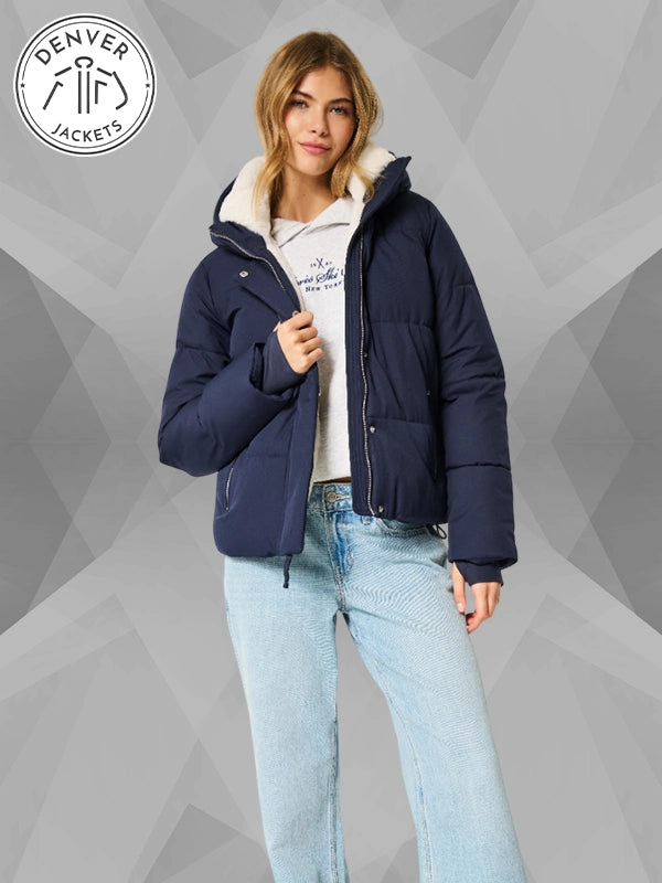 Hollister Faux Fur Lined All Weather Blue Puffer Jacket