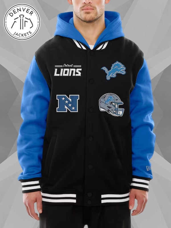 Men s Detroit Lions New Era Black Full Snap Fleece Hoodie Jacket