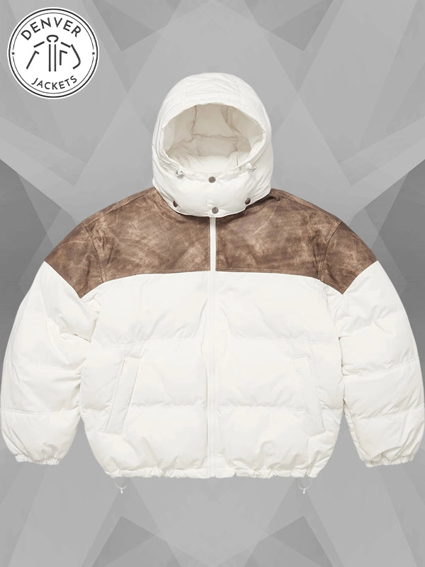 Mens Supreme Leather Yoke Puffer Jacket White