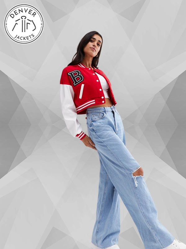 Pink Vanilla Crop Varsity Bomber Jacket Red