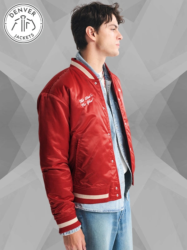 Red Abercrombie Budweiser Varsity Bomber Jacket Men s