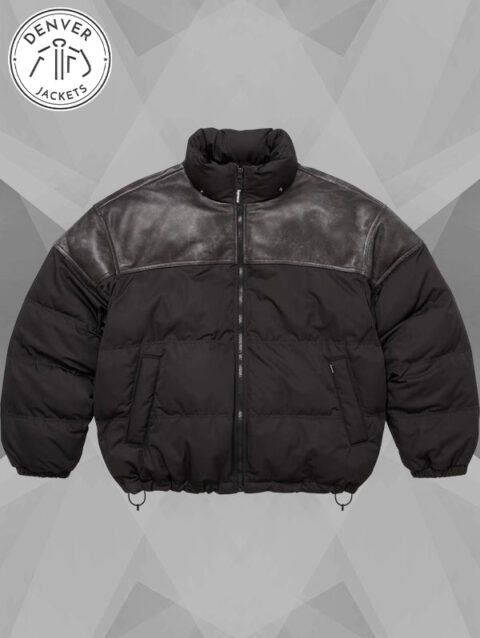 Supreme Leather Yoke Black Puffer Jacket