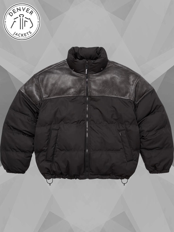 Supreme Leather Yoke Black Puffer Jacket