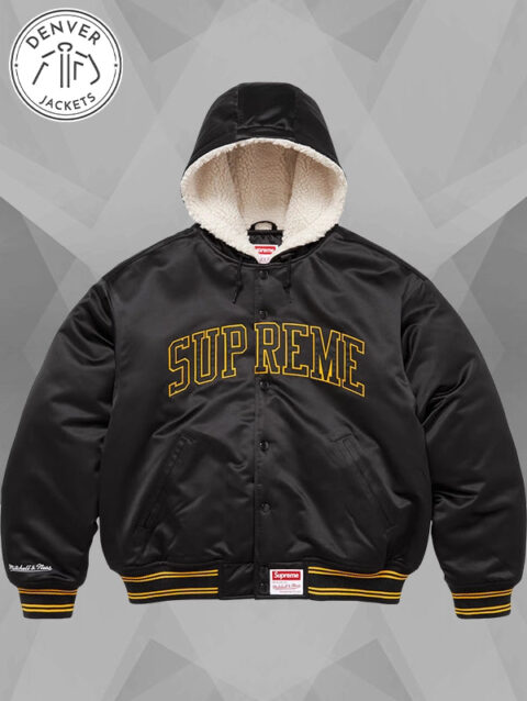 Supreme x Mitchell Ness Lined Hooded Satin Varsity Jacket Black