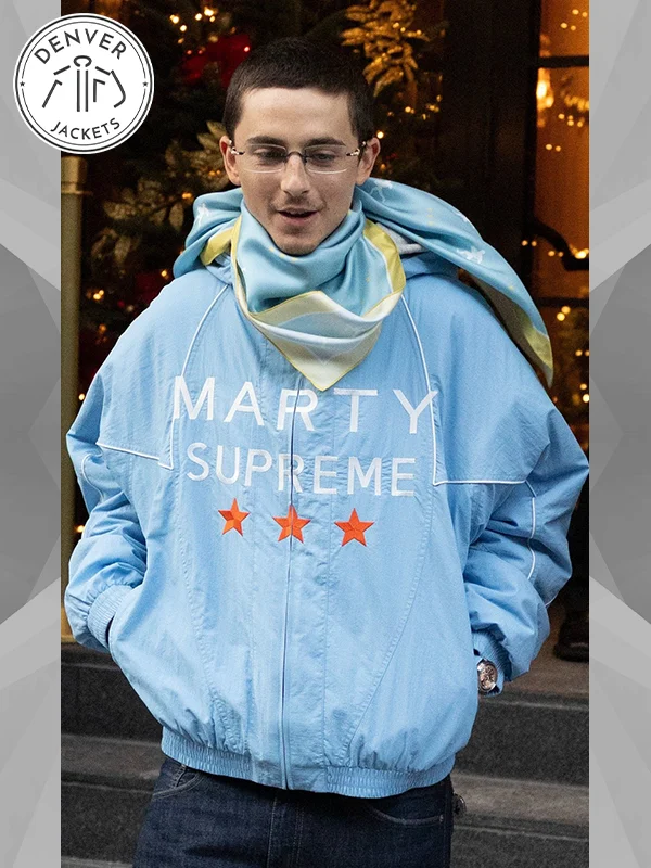 Timothee Chalamet A24 Marty Supreme Jacket In Sky Blue