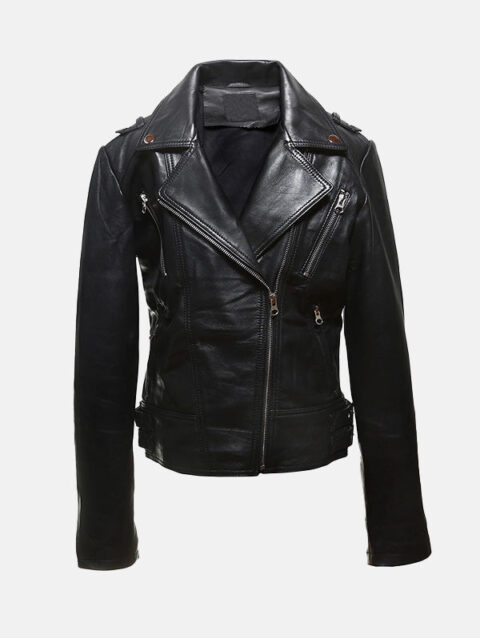 Womens Asymmetrical Black Leather Biker Jacket Front