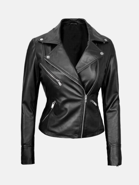 Womens Asymmetrical Black Leather Biker Jacket Front 595x793 1