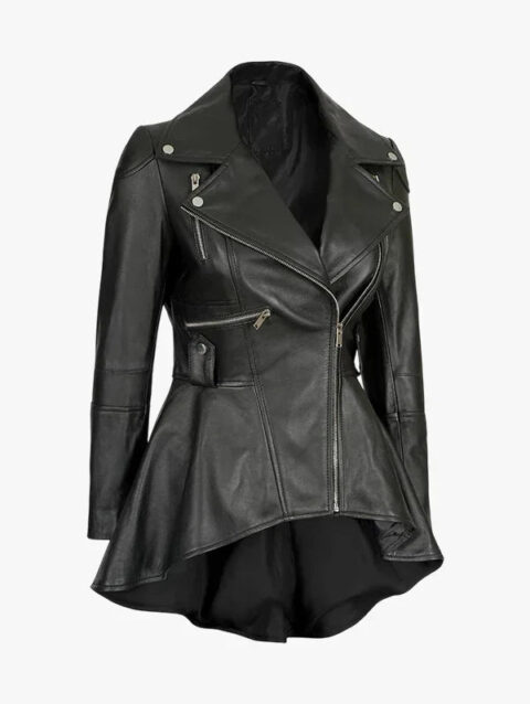 Gonzalez Women Black Asymmetrical Peplum Leather Jacket