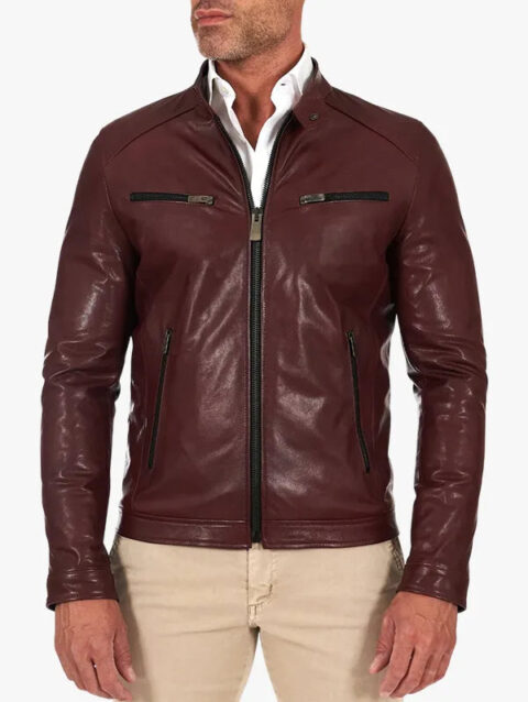 Hamilton - Bordeaux Vegetable Leather Jacket Four Zipper Pockets Vintage Effect For Men's