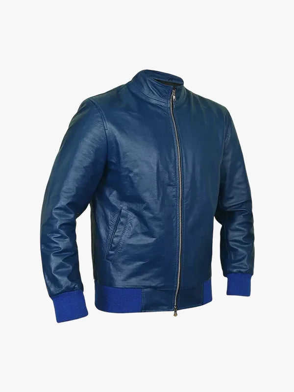 Matthew Blue Sheepskin Bomber Flight Jacket - Image 2