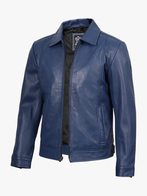 Men's Shirt Collar Leather Jacket Blue