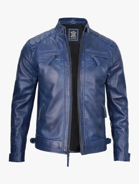 Mens Blue Quilted Leather Biker Jacket
