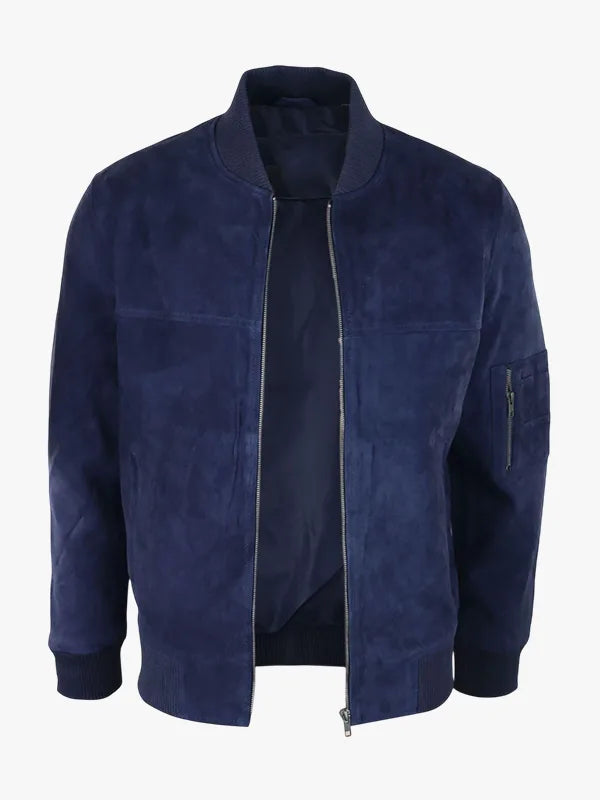 Mens Genuine Suede Bomber Jacket Leather Casual Varsity VIntage Smart Casual Navy