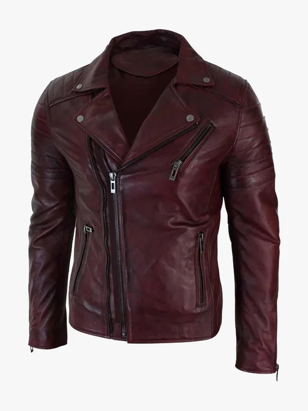 Men's Slim Fit Brando Burgundy Biker Jacket - Image 2
