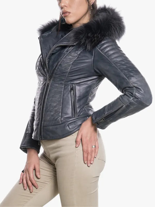 Women’s Real Leather Down Jacket in Vintage Blue – Lasmara